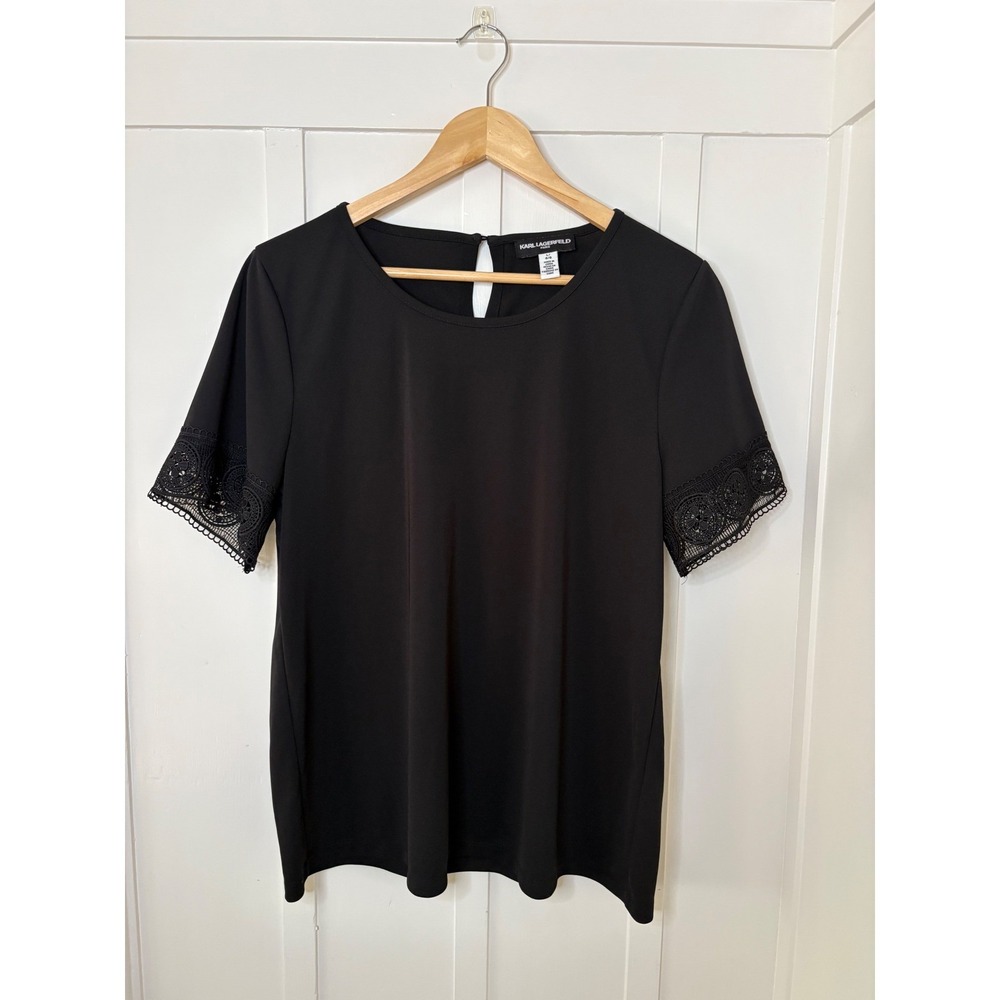 Karl Lagerfeld Paris Black Short Sleeve Blouse Large Lace Trim sleeve Elegant